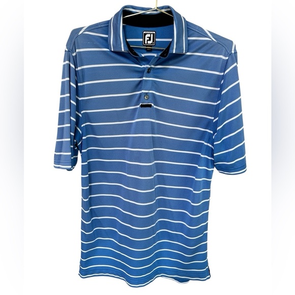 FootJoy Men's Athletic Fit Blue and White Striped Polo Shirt, Size Large - Picture 1 of 7